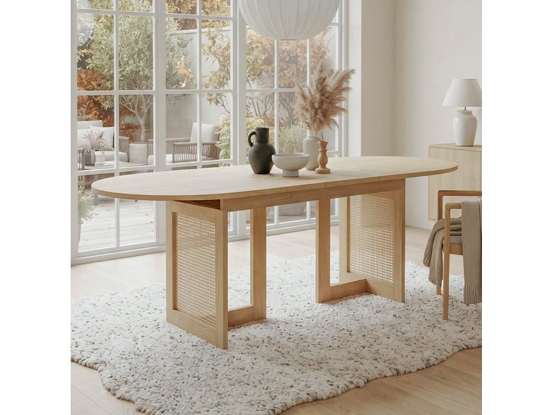  Table de salle à manger pour 6 à 8 personnes avec allonge, coins arrondis, pieds en rotin, mdf chêne clair  - Conforama B