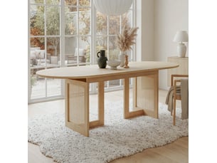 Table de salle à manger pour 6 à 8 personnes avec allonge, coins arrondis, pieds en rotin, mdf chêne clair