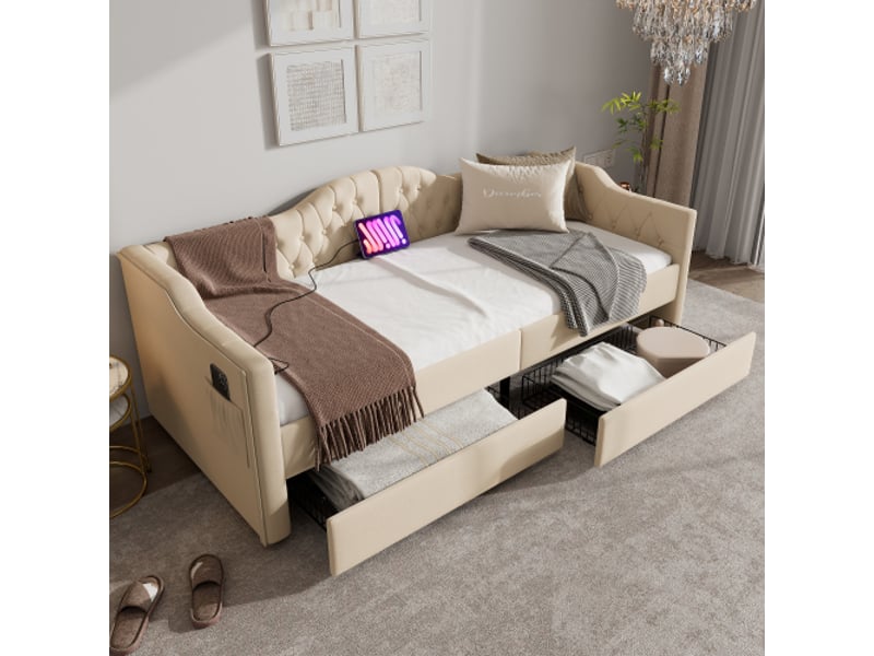 Lit enfant 90x200 cm avec 2 tiroirs et ports usb et type-c, sans matelas, beige, en velours - Conforama B