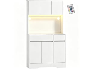 Buffet de cuisine haut avec 6 portes, 2 tiroirs, étagères réglables et éclairage à led pour cuisine, blanc