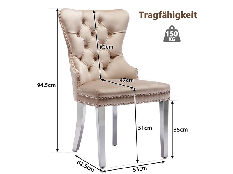  Lot de 6 chaises de salle à manger avec dossier heurtoir unique, piètement métal, revêtement velours beige  - Conforama C