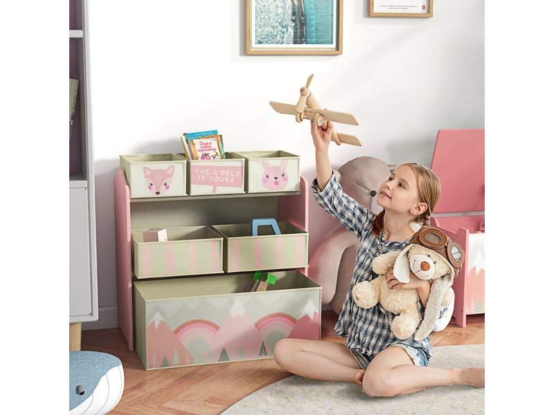 Meuble de rangement pour jouets d'enfants avec 6 bacs en tissu amovibles, 63 x 30 x 66 cm, rose - Conforama B