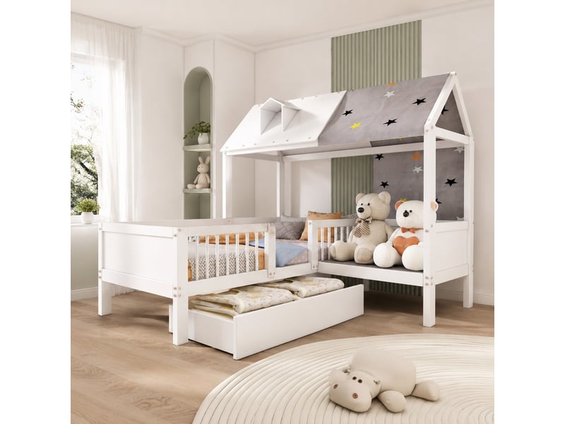  Lit enfant cabane 90x200 cm avec tiroirs, bois massif et mdf, blanc  - Conforama C