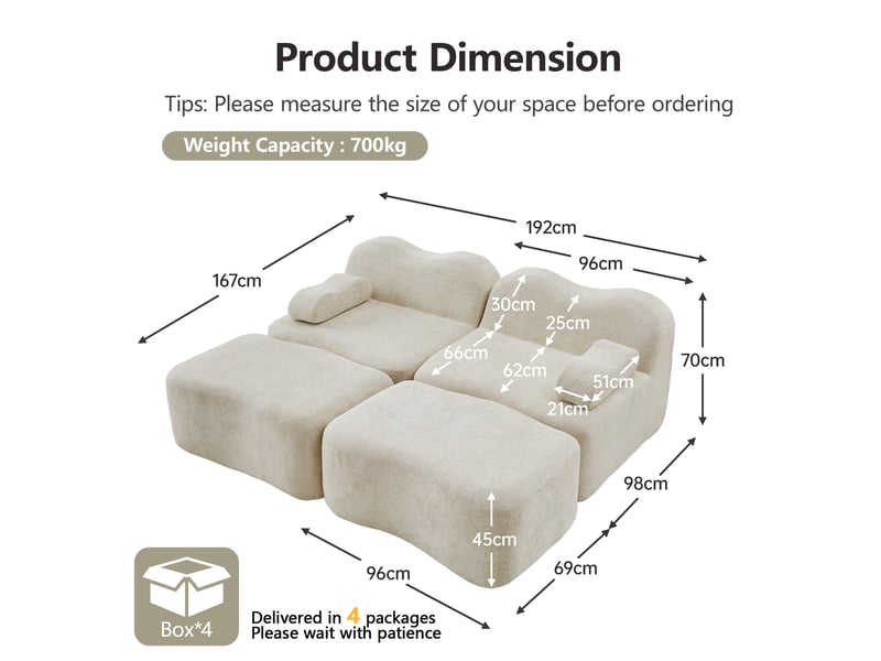 Canapé modulaire 2 places avec assise profonde et poufs, en velours beige - Conforama E