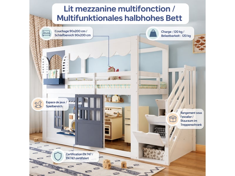  Lit mezzanine enfant 1 place 90×200 cm avec escalier de rangement - okmyhome- blanc et bleu, sans matelas  - Conforama E