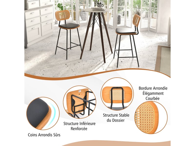  Lot de 2 tabourets de bar en rotin 45 x 45 x 94 cm dossier ergonomique design moderne pour cuisine en métal noir 20_0020164  - Conforama B