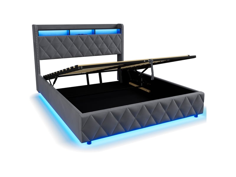  Lit coffre 160x200 cm, lit double adulte avec lumières led, fonctions de chargement et de rangement, velours gris, sans matelas  - Conforama E