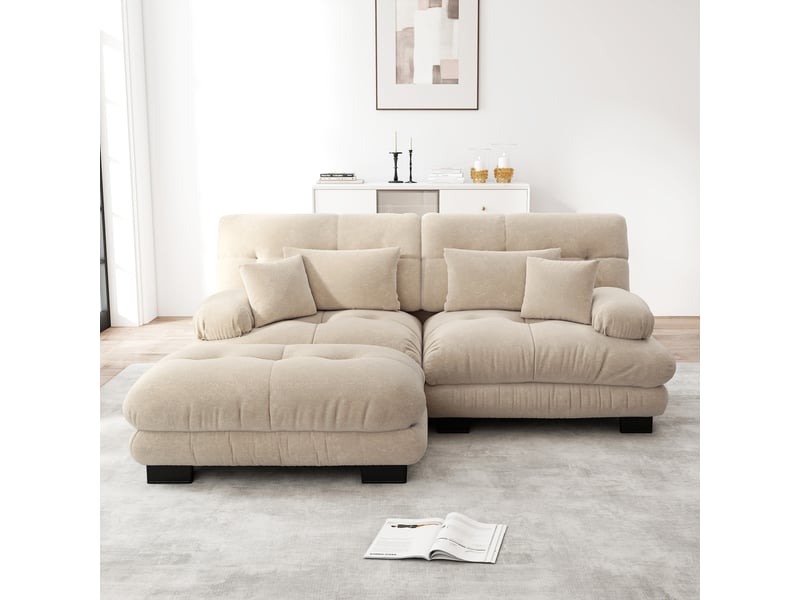  Canapé modulable d'angle avec ottoman, coussins lombaires et assise profonde en chenille, marron clair  - Conforama C