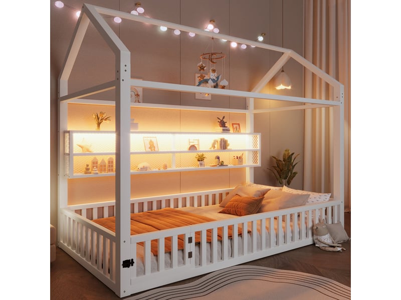 Lit maison 90x200 cm avec led et barrière, structure métallique blanche - Conforama B