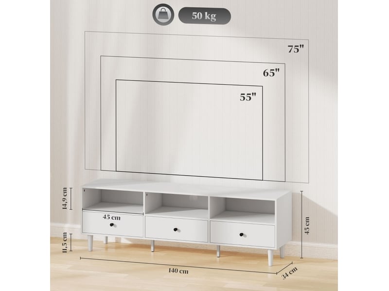 Meuble tv avec 3 tiroirs et 3 niches, passe-câbles pour salon en bois blanc jusqu’à 75 pouces 140 × 34 × 45 cm - Conforama C