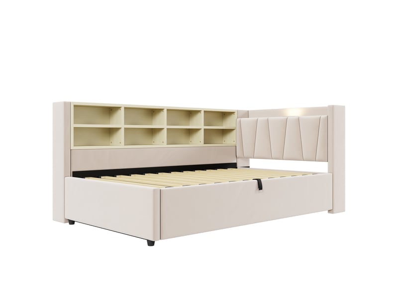  Canapé-lit 90x200, velours beige, rangement hydraulique, usb-c, veilleuse  - Conforama D