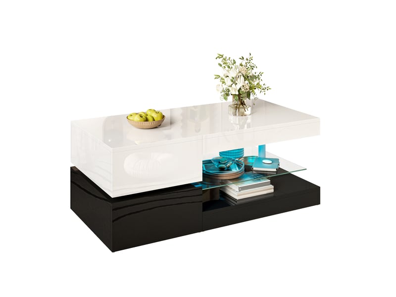  Table basse rectangulaire 90x45x35,5 cm avec led, étagère en verre, design contrasté noir et blanc, salon, aggloméré  - Conforama A