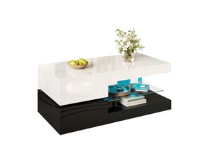 Table basse rectangulaire 90x45x35,5 cm avec led, étagère en verre, design contrasté noir et blanc, salon, aggloméré