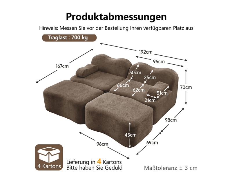  Canapé modulable 2 places 192x167x70 cm, dossier ondulé, mousse 32d, 2 poufs, velours, marron  - Conforama C