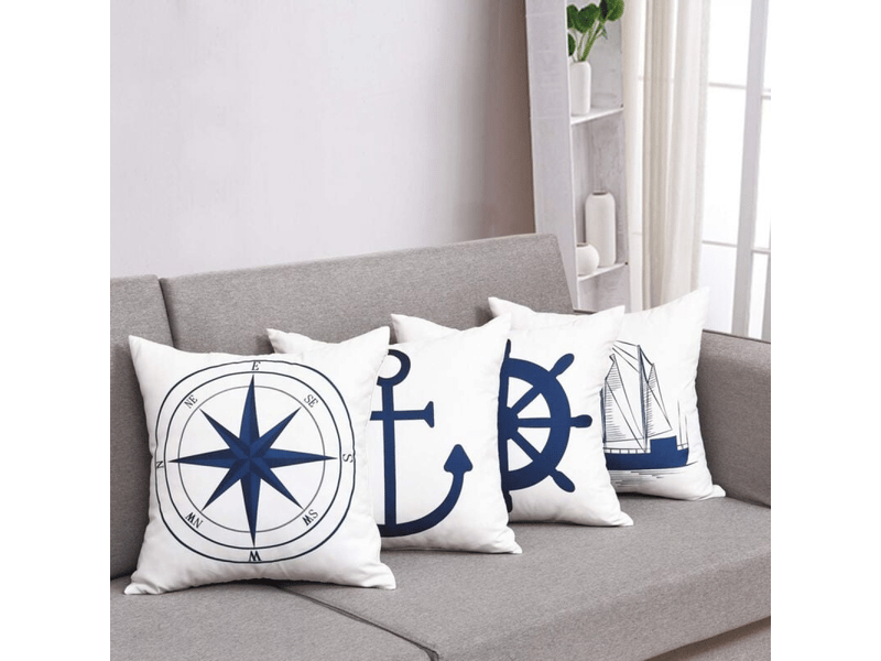  Lot de 4 housses de coussin nautique - ancre - navigation - boussole - 45 x 45 cm - style marin - blanc et bleu  - Conforama C