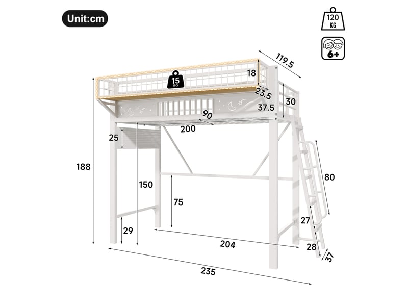  Lit mezzanine 90x200 cm en métal avec rangements coloris blanc  - Conforama C