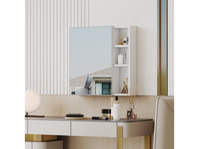  Armoire murale avec miroir 55x13x56 cm, rangement compartimenté, salle de bain, dressing, en mdf et verre, blanc  - Conforama D