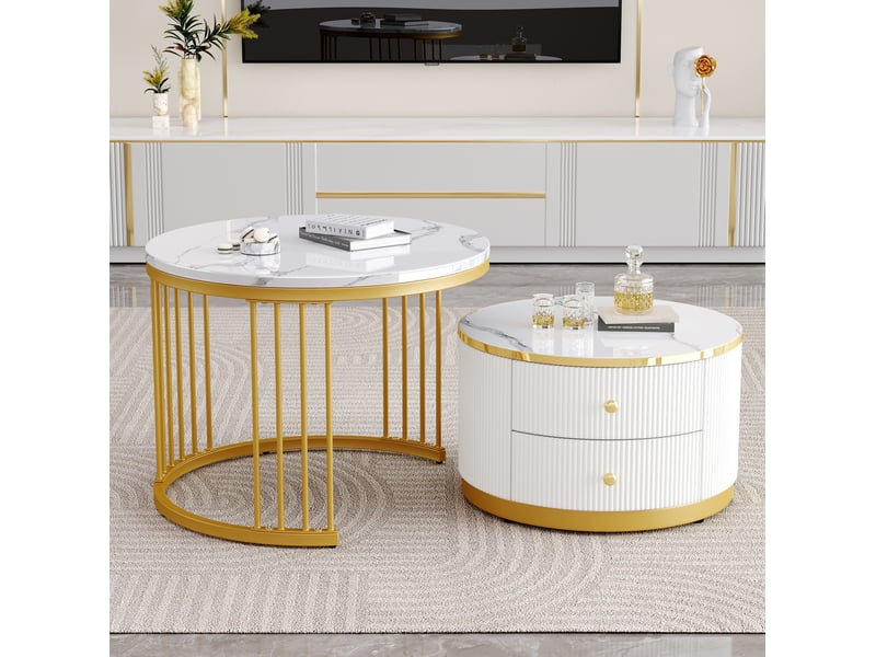  Ensemble tables basses 60x60x45,5+50x50x32cm plateaux effet marbre(matériau non marbré), 2 tiroirs, mdf blanc  - Conforama D