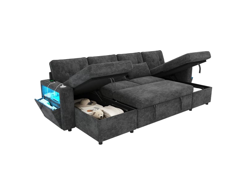  Canapé panoramique convertible en lit  273 cm, 4 places en u avec double méridienne, rangements, usbtype-c, éclairage led, 2 coussins, chenille, gris  - Conforama A