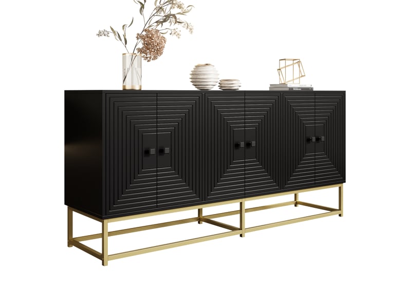 Buffet 160x38x75,5 cm, avec 3 compartiments à portes doubles, finition mate, panneau de particules, rangement, noir - Conforama A