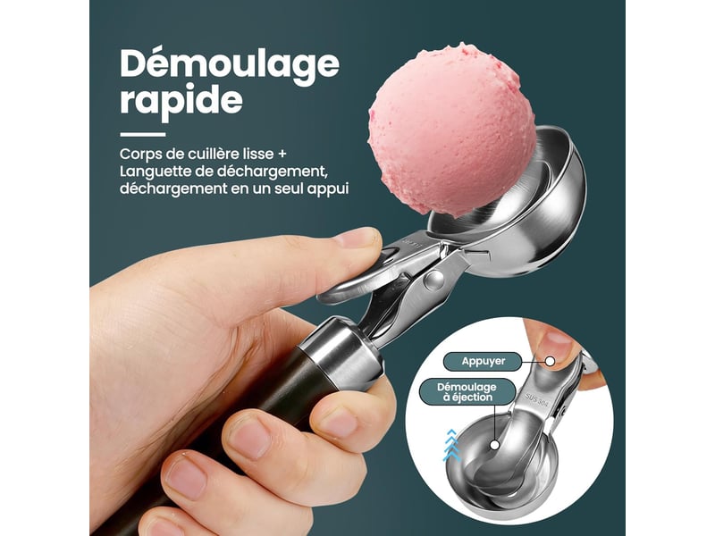 Cuillere a glace en acier inoxydable 21 cm - cuillère à glace avec gâchette et poignée confortable, poli miroir, anti-adhésion - Conforama C