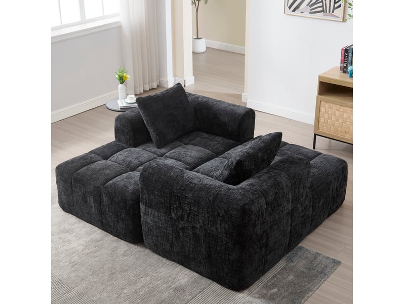  Méridienne fixe 1 place en tissu noir avec coussin et poches latérales, style contemporain pour votre salon  - Conforama E