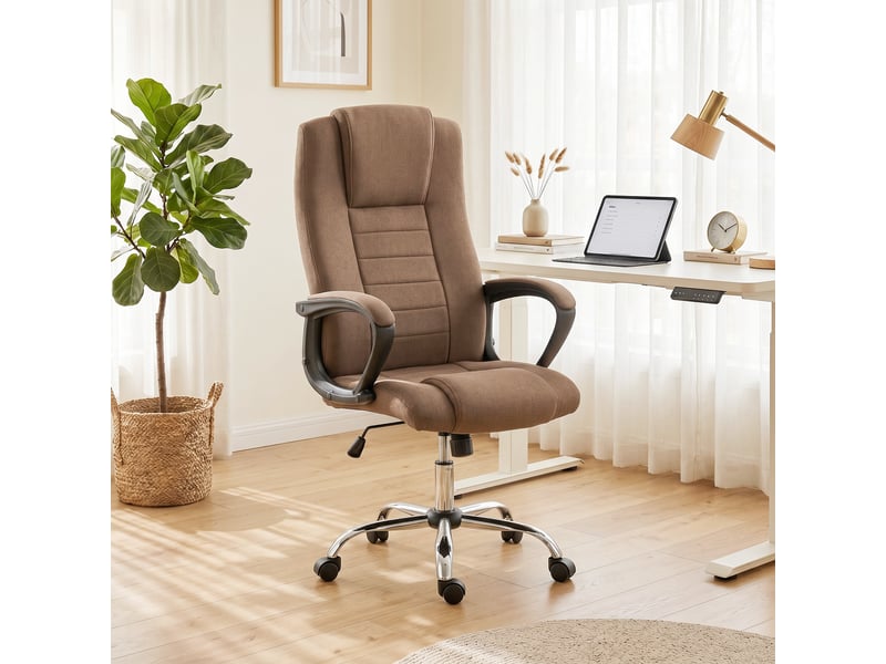  Fauteuil de bureau ergonomique inclinable et pivotant en tissu effet lin avec appui-tête, marron  - Conforama C