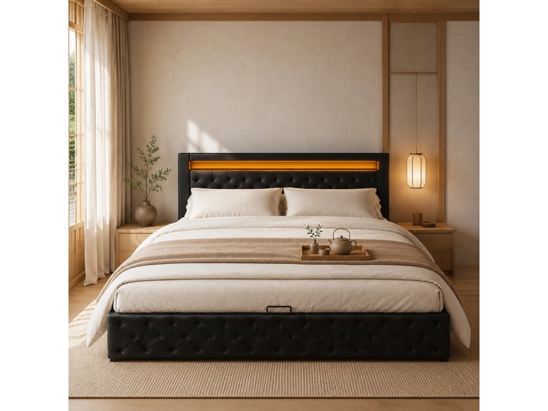  Lit coffre capitonné 140 x 190 cm avec sommier, rangement hydraulique et led noir  - Conforama B