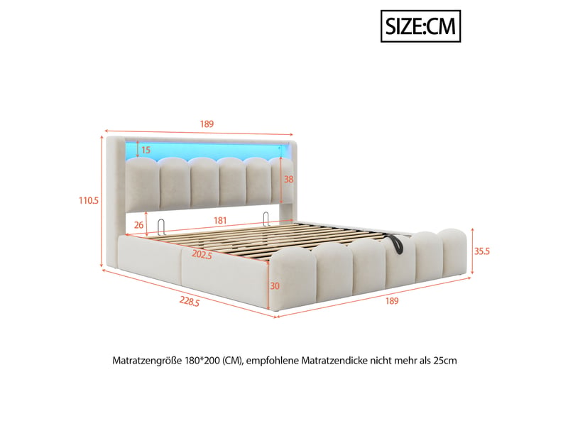  Lit 2 places 180x200 cm – beige – coffre hydraulique, led, usb, rangement tête de lit en velours – sans matelas  - Conforama C