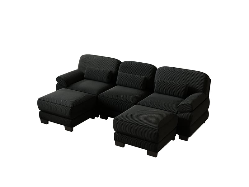Canapé modulable u 3 places en velours côtelé noir avec 2 ottomans, assise profonde - Conforama E