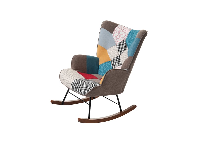  Fauteuil à bascule patchwork capitonné avec repose-pied, structure bois et fer, design tendance pour salon et intérieur  - Conforama B