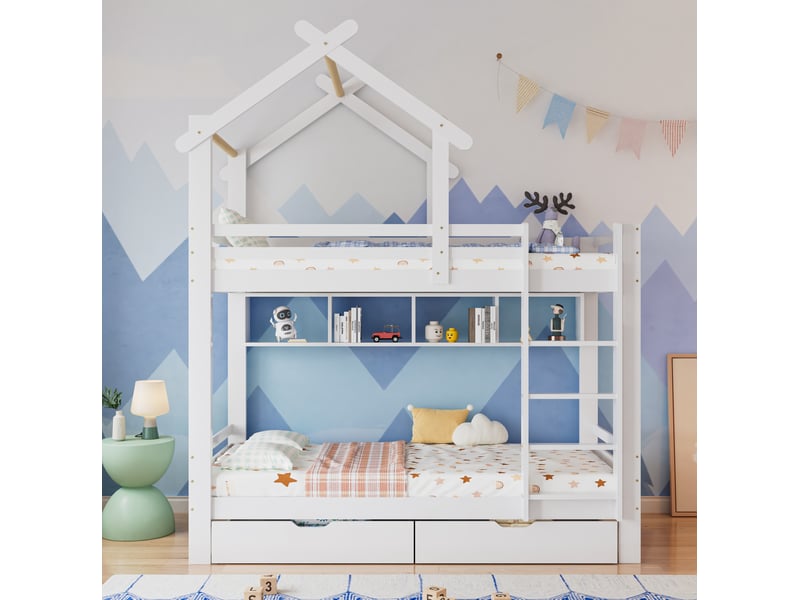  Lit superposé enfant 90x200 cm avec tiroirs et échelle, coloris blanc  - Conforama D