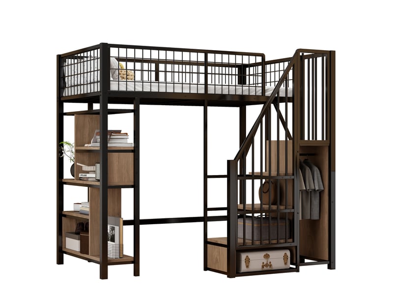 Lit mezzanine 90 x 200 cm en métal avec escalier de rangement et étagères noir - Conforama A