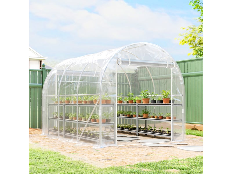 Serre tunnel 2 x 3 x 2 m avec portes sectionnelles, structure en acier et bâche en polyéthylène anti-uv, transparente - Conforama D