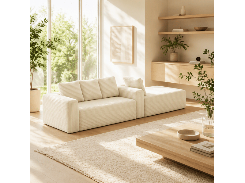  Canapé d'angle modulaire 4 places avec méridienne réversible, assise profonde en velours côtelé beige  - Conforama B