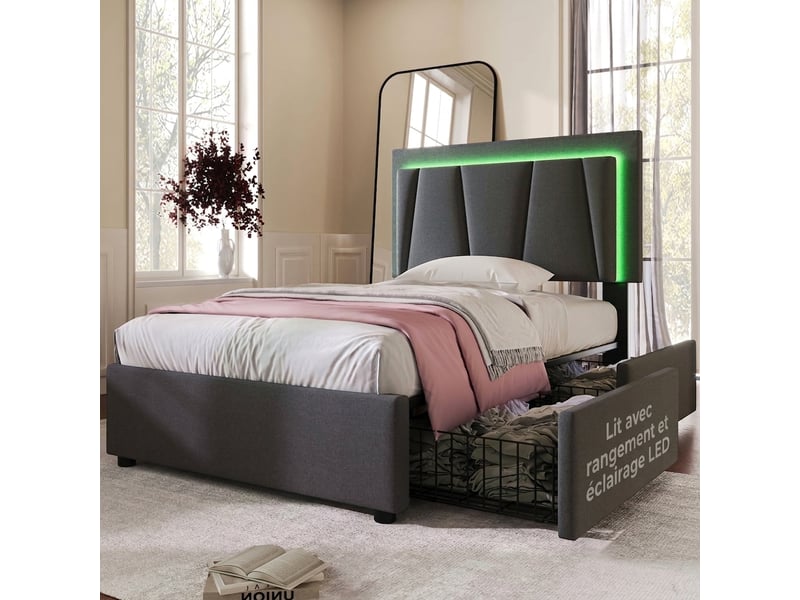  Lit simple 90x200 avec led et 2 tiroirs, tête de lit réglable en hauteur, cadre en bois, gris  - Conforama B