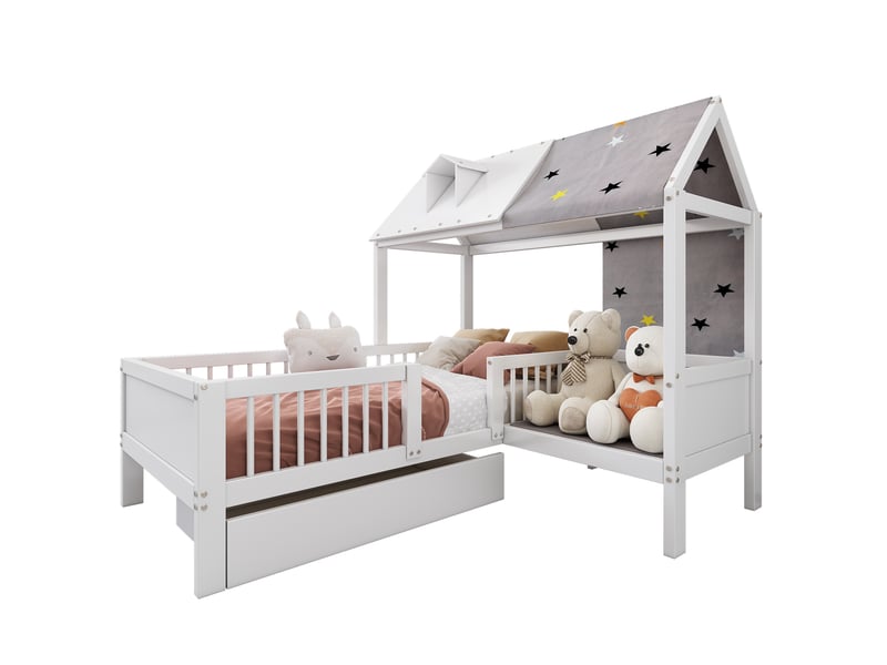  Lit cabane 90x200 cm avec toile, oreiller et 1 tiroir, bois, blanc, sans matelas  - Conforama A