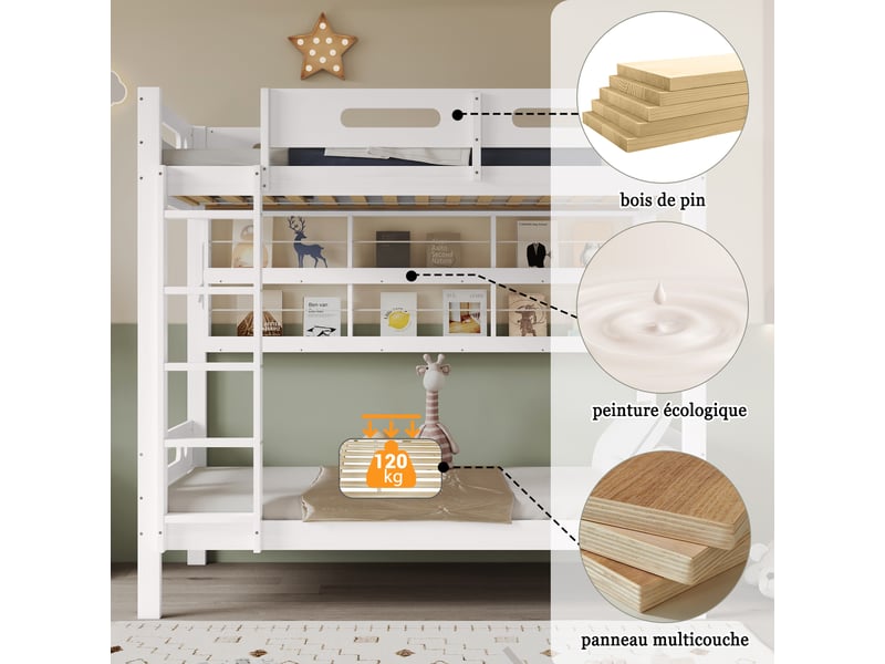  Lit superposé enfant - 90x200 cm - blanc naturel - pin massif + mdf - échelle à 5 niveaux - barrière de protection  - Conforama R