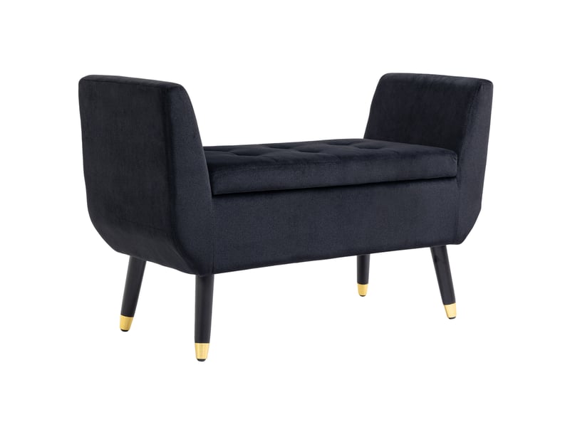  Banquette coffre 107 x 42 x 65 cm noire en polyester effet velours, avec accoudoirs et pieds en bois d'hévéa  - Conforama A