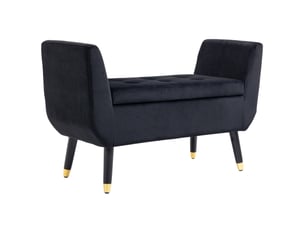 Banquette coffre 107 x 42 x 65 cm noire en polyester effet velours, avec accoudoirs et pieds en bois d'hévéa