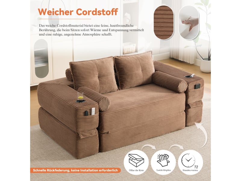 Canapé droit convertible 2 places en velours côtelé marron 180 x 98 x 80 cm, avec poches, porte-gobelet, salon séjour 180x98x80cm - Conforama E