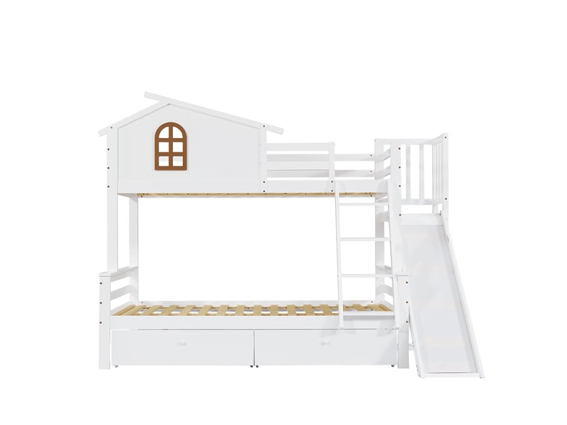  Lit superposé 90 × 200 120 × 200 cm, blanc, pin massif et mdf, fenêtres, toboggan, échelle inclinée 4 marches, 2 tiroirs  - Conforama A