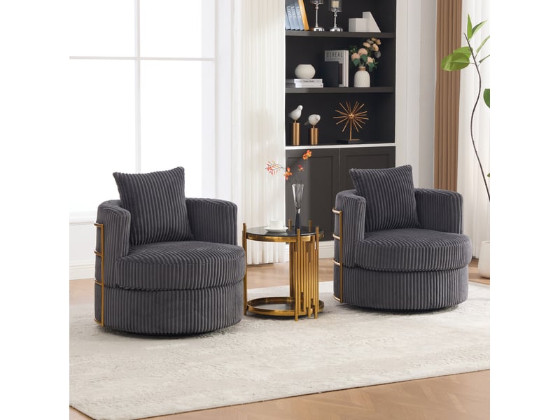Fauteuil pivotant à 360 degrés avec rangement sous l’assise, lot de 2 en velours côtelé gris, 76 × 79 × 78 cm - Conforama E