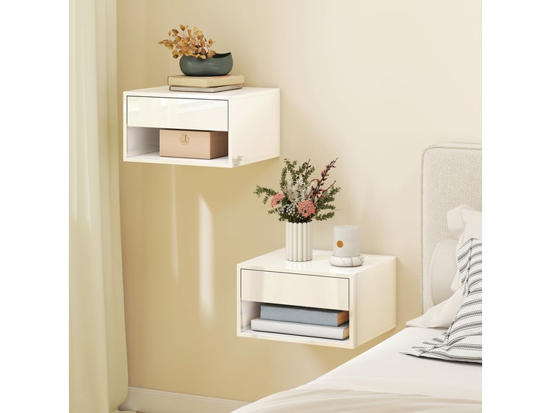  Ensemble de 2 tables de chevet suspendues, avec tiroir et étagère ouverte, 37 x 32 x 21 cm, blanc brillant  - Conforama C