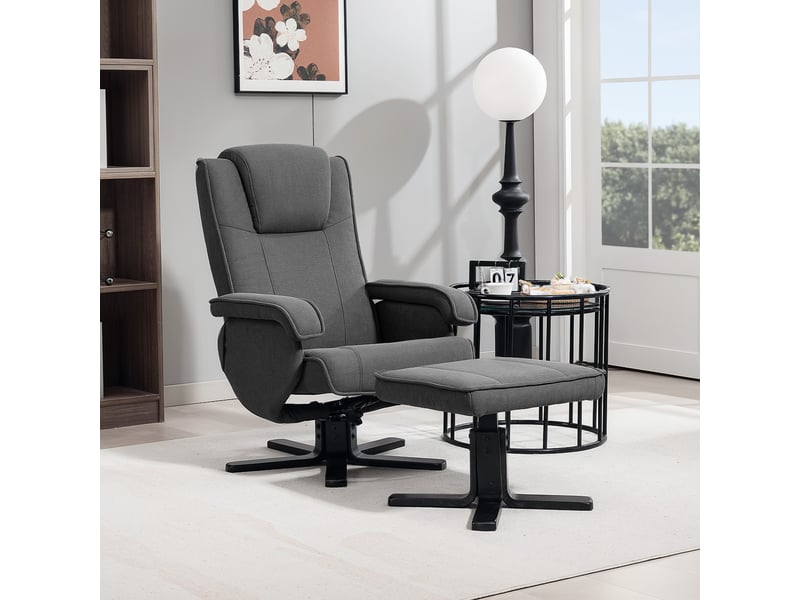  Fauteuil inclinable à bascule avec repose-pieds, revêtement en tissu aspect velours, fauteuil pivotant rembourré, structure en bois, gris  - Conforama D