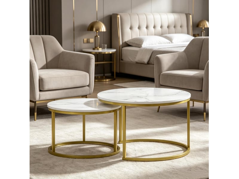  Lot de 2 tables basses rondes gigognes, effet marbre blanc et structure dorée  - Conforama B