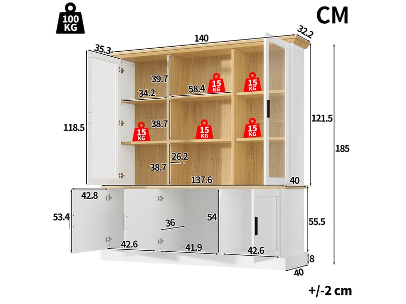 Buffet haut de cuisine 140x40x185 cm, vaisselier à portes vitrées, étagères réglables, placard inférieur, anti-basculement, blanc et effet chêne clair - Conforama D
