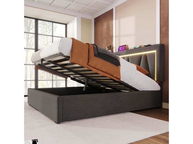  Lit rembourré double 160x200 cm en lin gris avec tête réglable, led, usb type-c, coffre et matelas inclus  - Conforama E