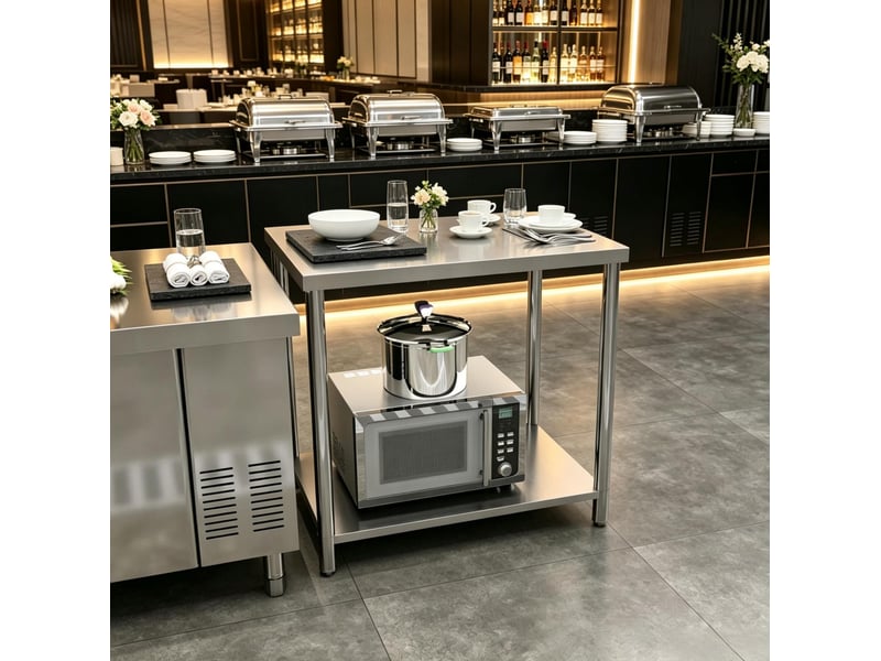  Desserte de travail polyvalente en acier inoxydable argenté 90 x 60 x 86 cm, 2 niveaux à pieds réglables  - Conforama E