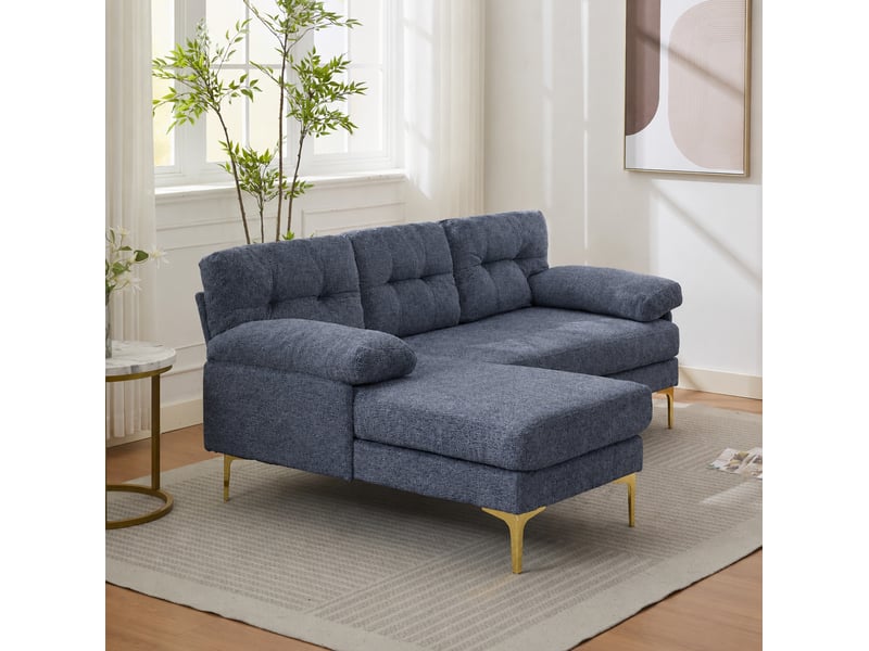  Canapé d'angle fixe 3 places en tissu bleu, méridienne réversible gauchedroite et accoudoirs rembourrés  - Conforama E